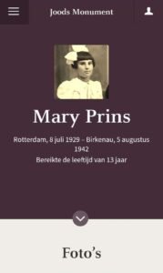 webpagina uit de website van het Joods Monument, op de pagina zie je een portret foto van Mary Prins, met enkele regels aan informatie over haar onder de foto en haar naam. 